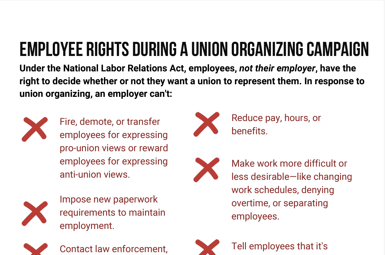 Poster highlighting Employee Rights During a Union Organizing Campaign